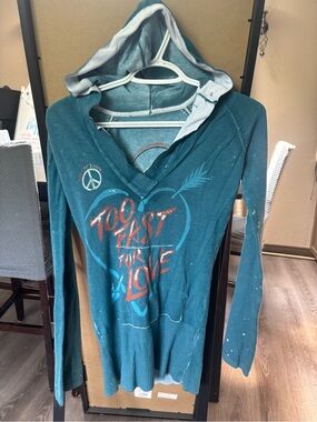 Affliction Hooded Long Sleeve Tunic Top Medium Y2K Graphic Hoodie Teal Blue Hood